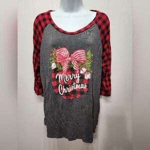 Lightheart‎ Top 2XL Merry Christmas Holiday Long Sleeve  Plaid Multicolor C54
